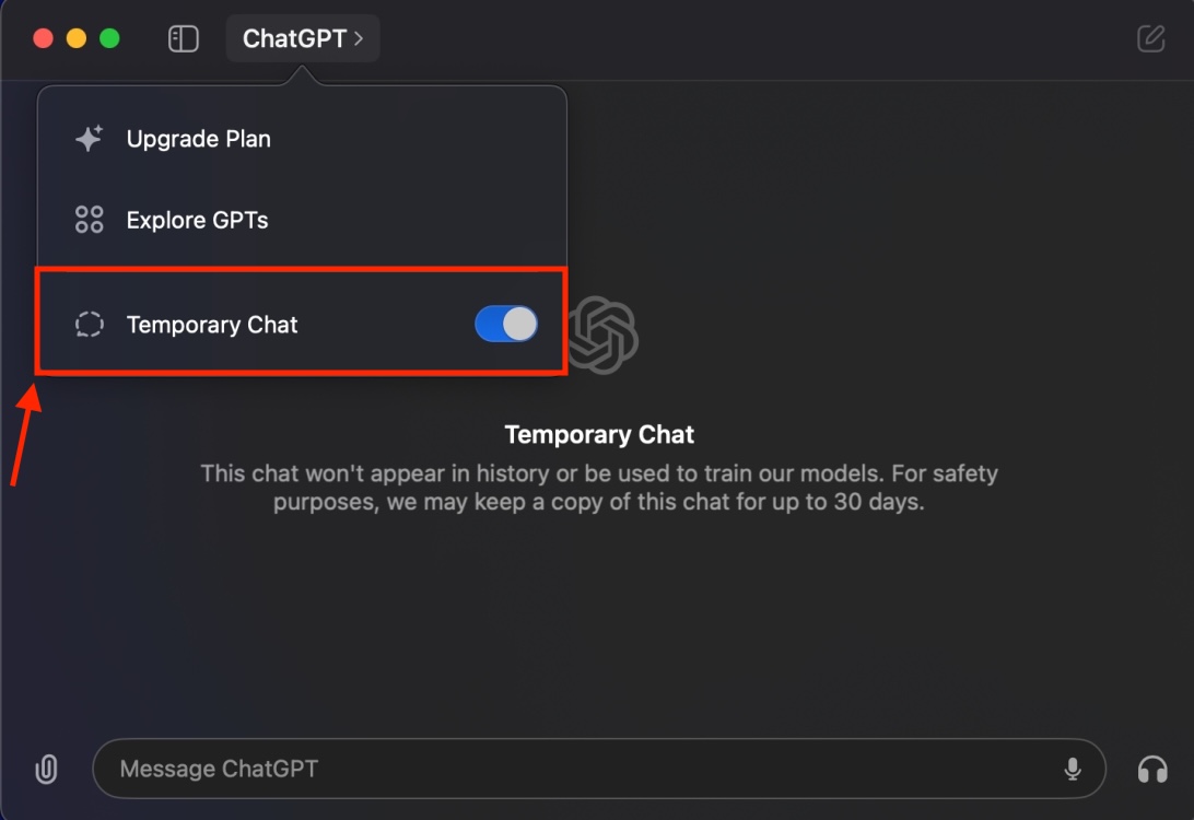 How to Get and Use ChatGPT macOS App 15 Temporary Chat in ChatGPT Mac app